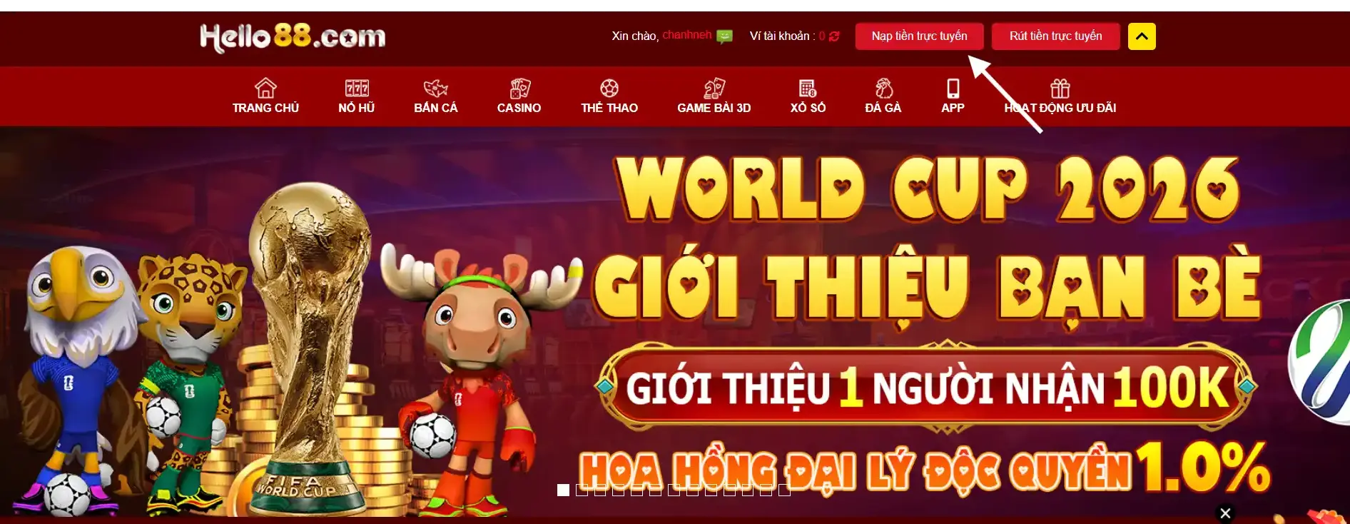 Truy cập vào mục nạp tiền ở trên trang chủ
