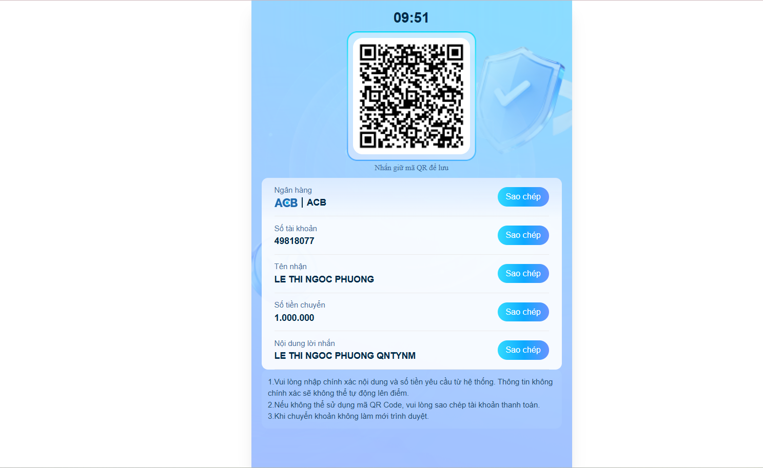 Quét mã QR để nạp tiền thành công