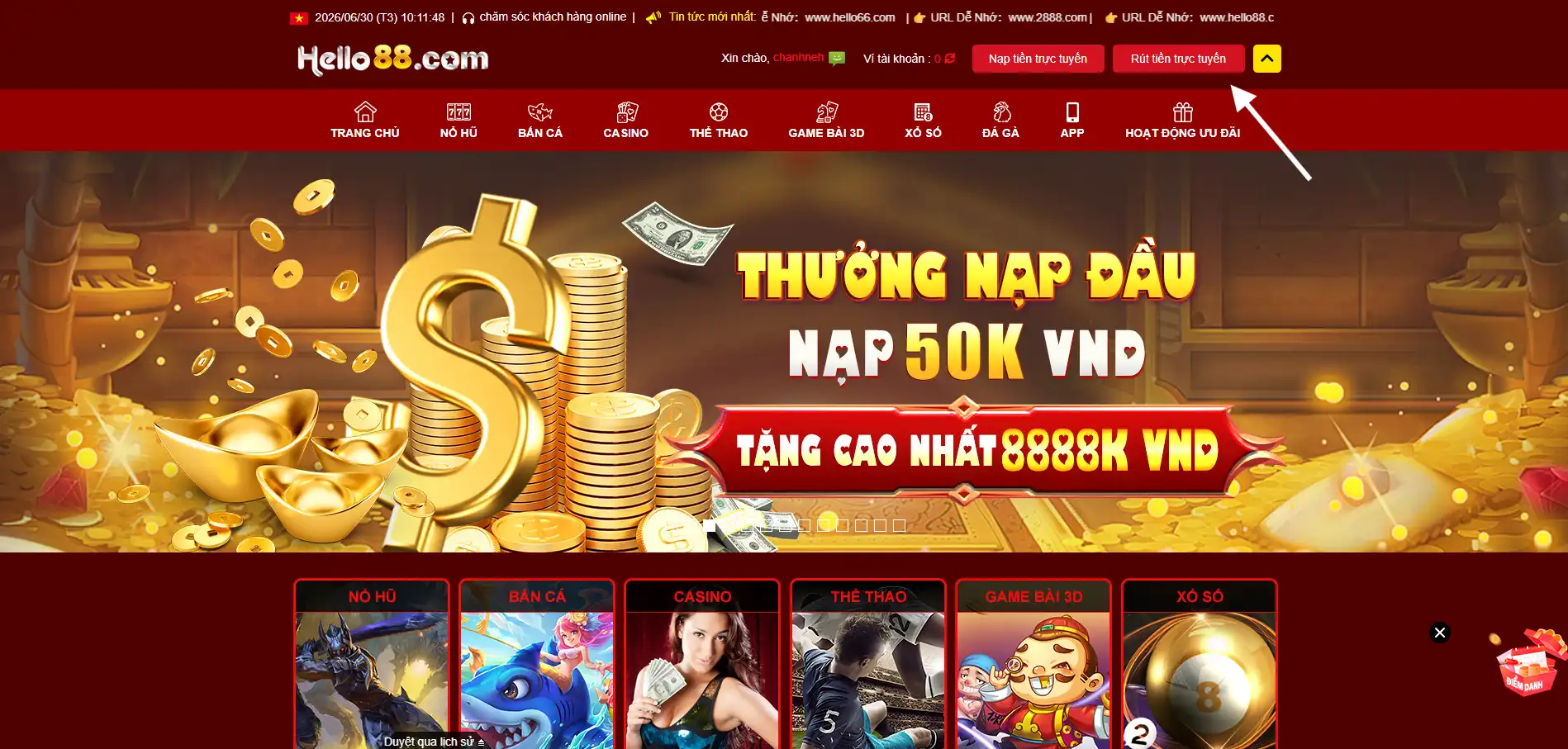 Truy cập vào mục Rút tiền Hello88